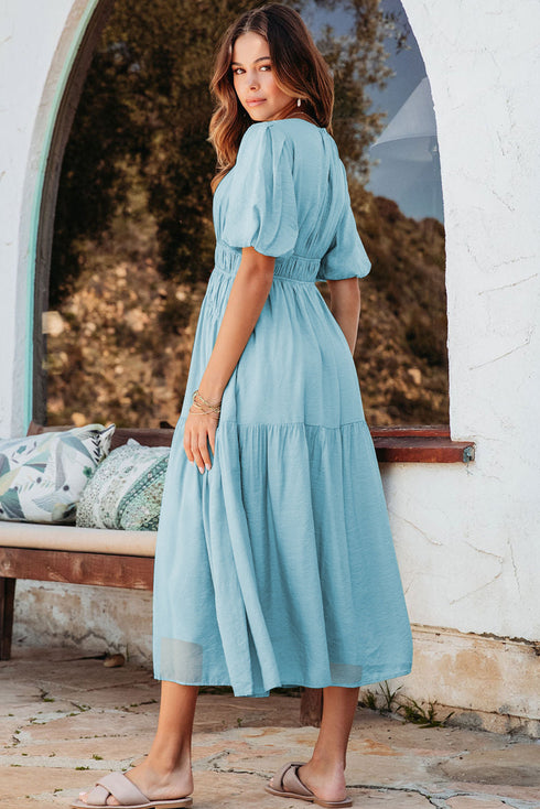 Puff Sleeve Pleated High Waist Flowy Long Dress
